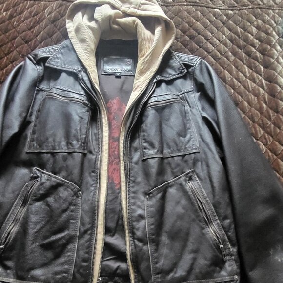 Vintage GUESS Mens Brown Leather Jacket (M) w/attached Hoodie - Picture 2 of 6